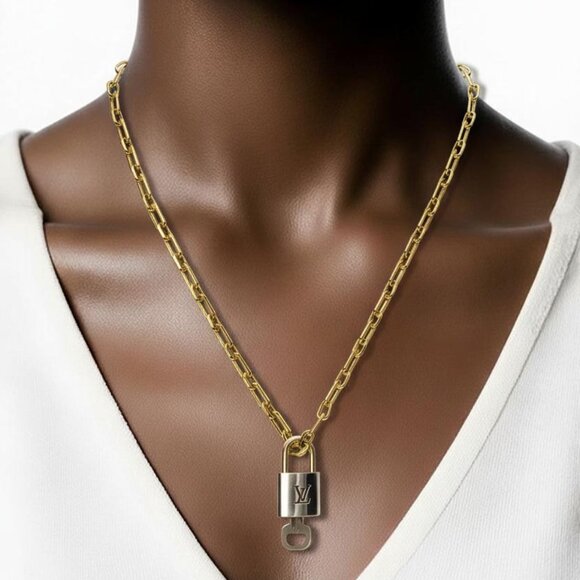Authentic Louis Vuitton Gold Padlock w/Unbranded Stainless Steel Chain Necklace